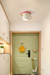 Red White Ceramic Mushroom Flush Mount Light with Squirrel Accent