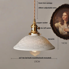 Pendant light with measurements and details on a neutral background