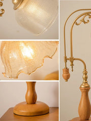 Gold Metal Frame Wood Base Amber Glass Bell Shade Table Lamp