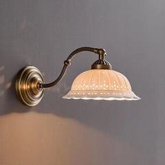 Gold Metal Floral Ceramic Wall Sconce Light with Frosted Bell Shade
