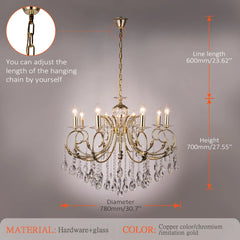 Gold Crystal Chandelier with Swirling Arms and Candle-Style Lights