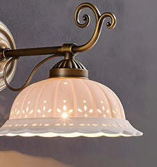 Gold Metal Floral Ceramic Wall Sconce Light with Frosted Bell Shade