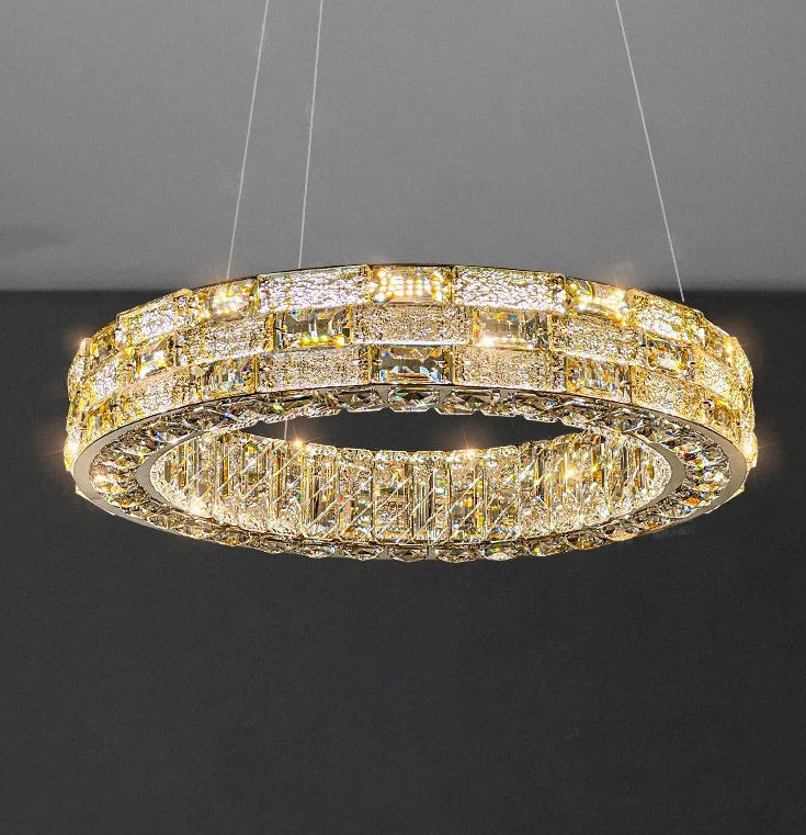 Chandelier with multiple rings on a dark background