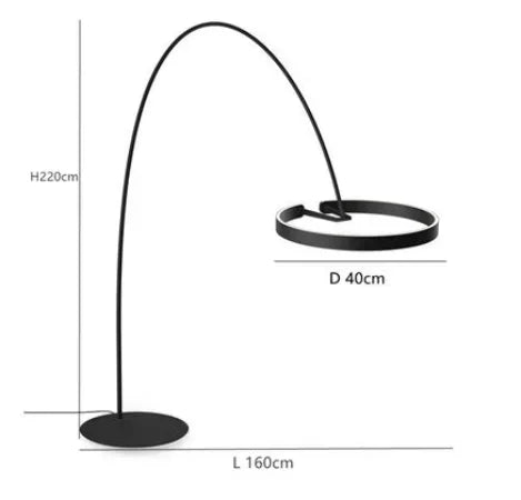 Black floor lamp with dimensions labeled on a white background
