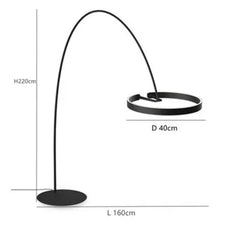 Black floor lamp with dimensions labeled on a white background