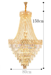 Gold chandelier with dimensions on a white background