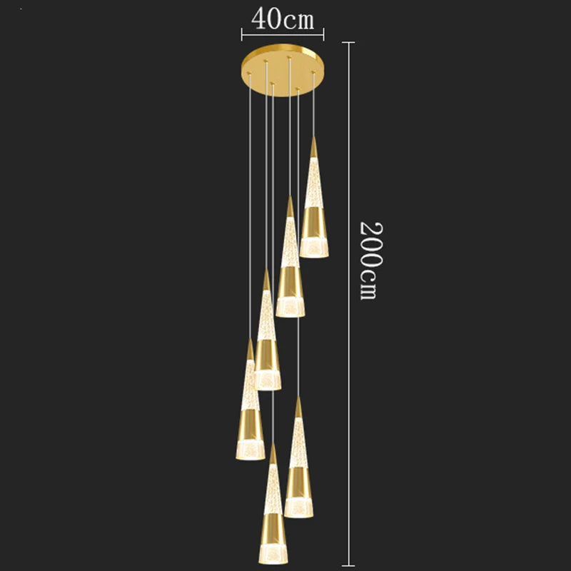 Gold pendant light fixture with measurements on a black background
