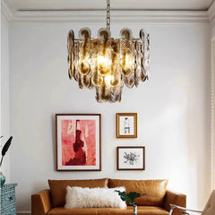 Amber Glass Disc Chandelier with Gold Metal Frame Pendant Light