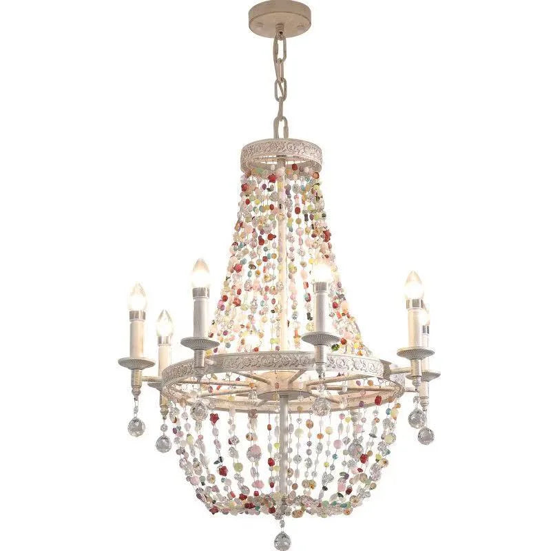 Studio shot of a decorative crystal and bead chandelier pendant light against a white background.