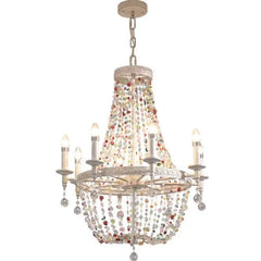 Studio shot of a decorative crystal and bead chandelier pendant light against a white background.