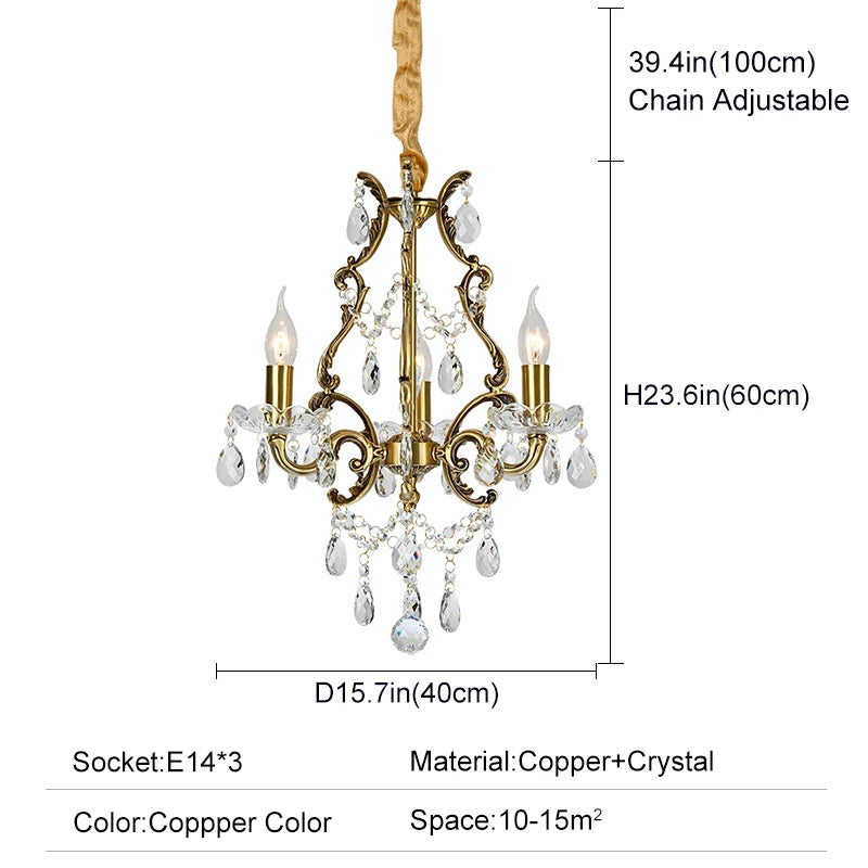 Gold chandelier with crystal accents and dimensions on a white background