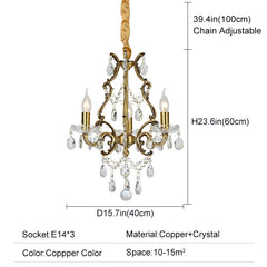 Gold chandelier with crystal accents and dimensions on a white background