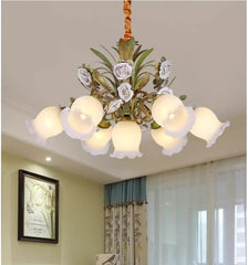 Gold Floral Chandelier with Frosted Bell Shades and Ceramic Roses
