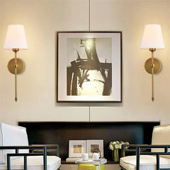 Brushed Gold Metal Farmhouse Wall Sconce with White Fabric Shade