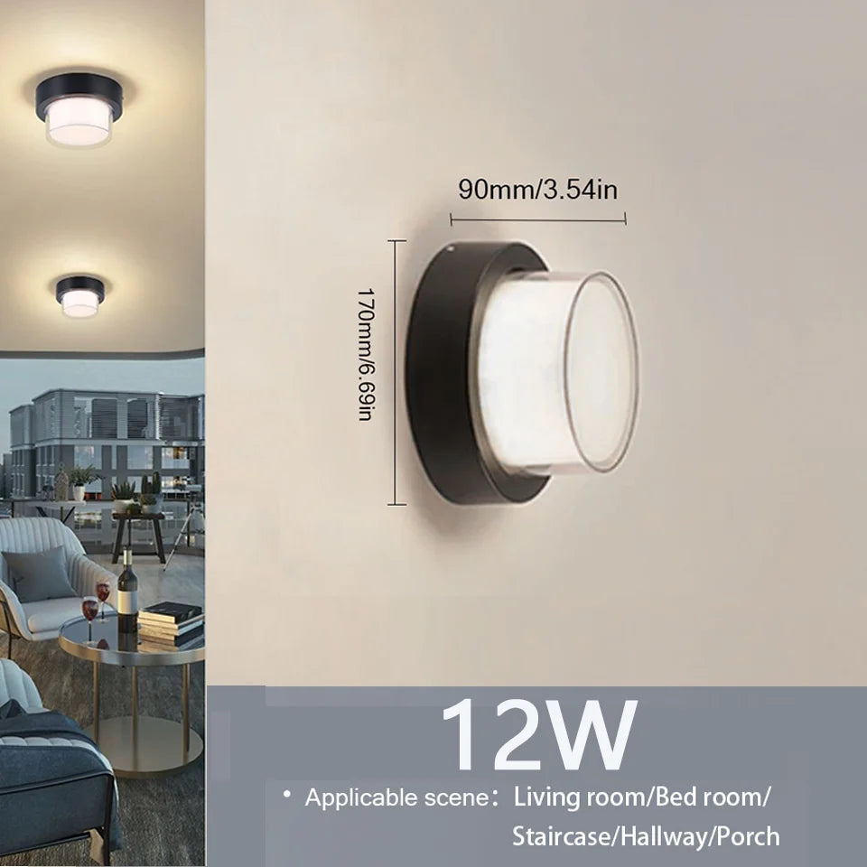 Wall-mounted light fixture with dimensions and application scenarios on a neutral background