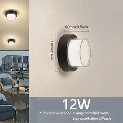 Wall-mounted light fixture with dimensions and application scenarios on a neutral background