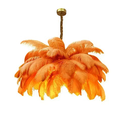 Orange feathered chandelier on a white background