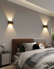 Modern bedroom with wall sconces, bed, and nightstands.