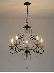 Black Metal Chandelier with Wood Beads and Crystal Droplets