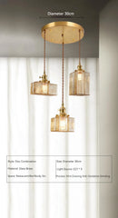 Brass Square Pendant Light with Textured Amber Glass Shade