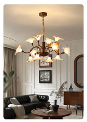 Bronze Floral Chandelier Pendant Light with Frosted Glass Bell Shades