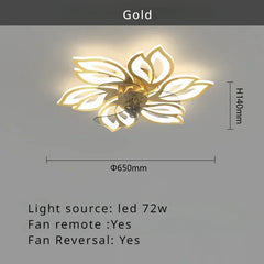 Ceiling light fixture with gold leaf design on a gray background, showing dimensions and specifications.