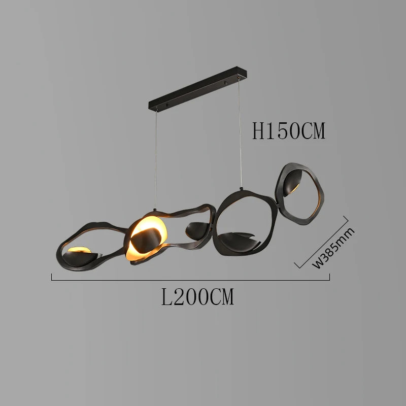 Modern pendant light with dimensions on a gray background