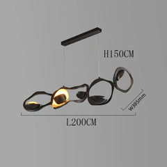 Modern pendant light with dimensions on a gray background