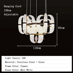 Chandelier with dimensions and specifications on a black background
