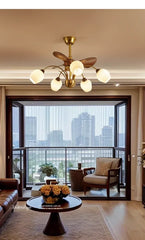 Gold Brass Sputnik Fan Chandelier with Frosted Glass Bell Shades