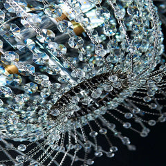 Close-up of a chandelier with crystal beads and chains