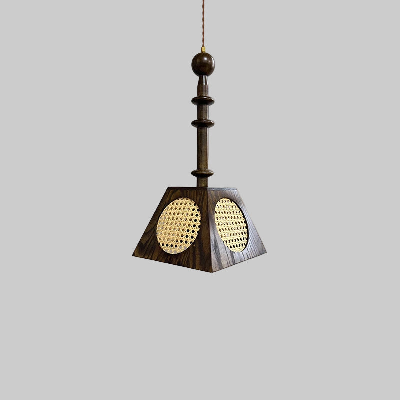 Wooden pendant light with dimensions and features on a beige background