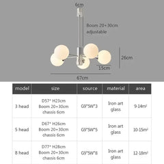 Diagram showing the dimensions of the sputnik chandelier, including arm span, height, and adjustable boom length, with measurements in centimeters.