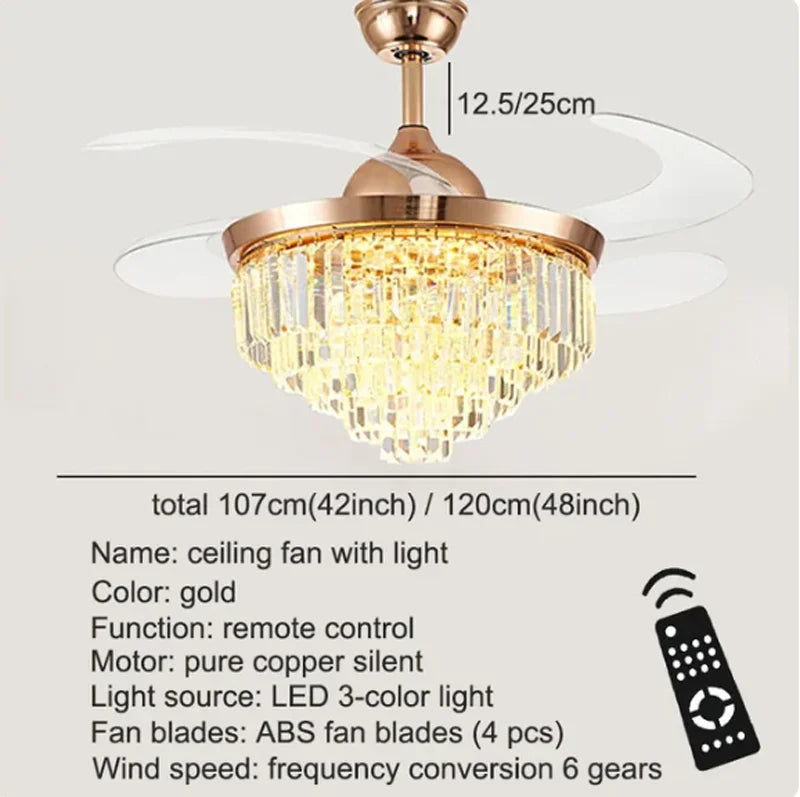 Gold ceiling fan with light fixture on a white background