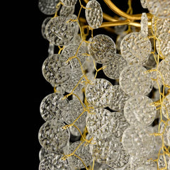 A second angle of the gold cascading crystal pendant light showing its overall shape and density of crystals.