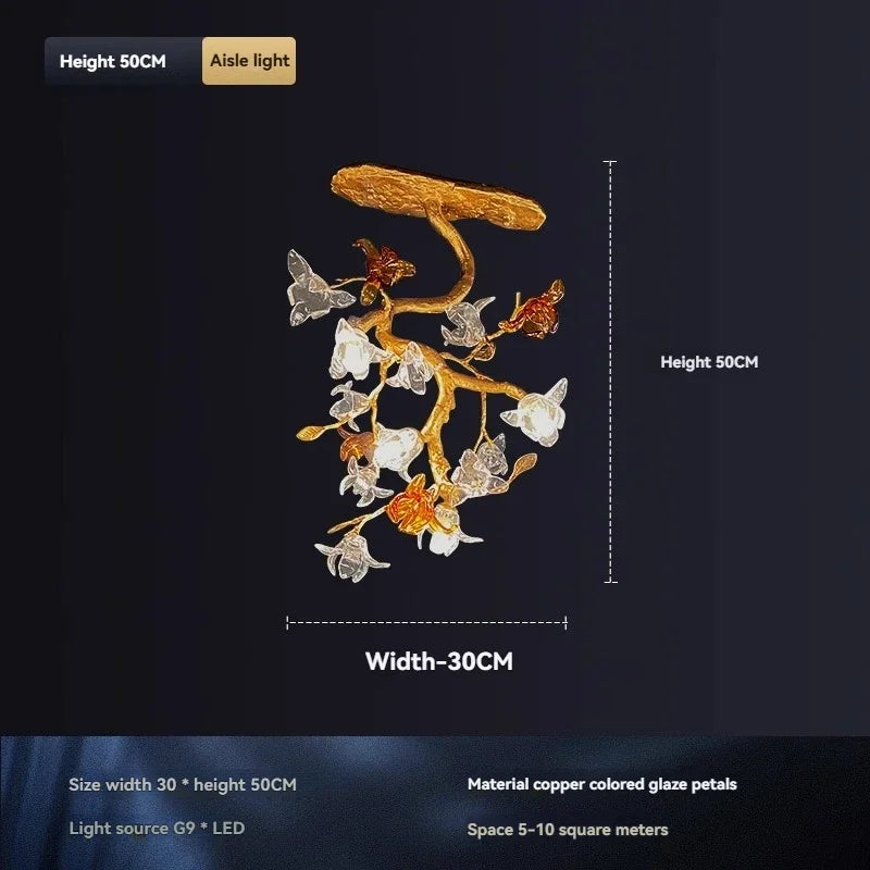 Decorative lamp with butterfly and flower design, shown with measurements on a dark background.