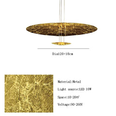 Gold pendant light with specifications on a white background