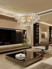 Tiered Amber Glass Chandelier with Brushed Gold Finish Metal Frame