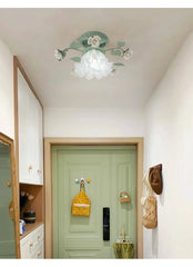 Green Flower Flush Mount Ceiling Light with White Roses