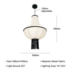 Pendant light with dimensions and specifications on a white background