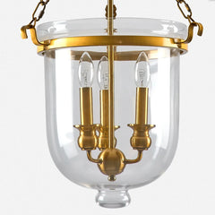 Brass Lantern Pendant Light with Clear Glass Bell Shade and Chain