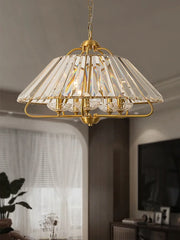 Brass Crystal Faceted Pendant Light with Fan Shape Shade Design