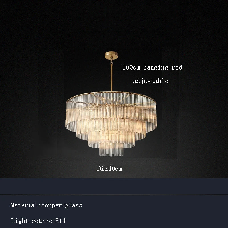 Chandelier with dimensions and material details on a dark background
