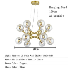 Chandelier with dimensions and material details on a white background