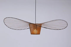 Modern pendant light with wireframe design on a plain background