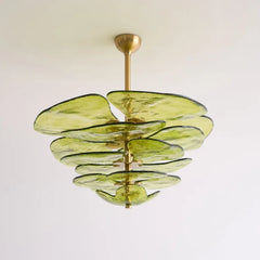 Glass Leaf Tiered Chandelier Polished Copper Floral Pendant Light
