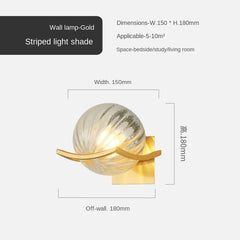 Wall lamp with gold finish and striped light shade, dimensions and applicability details provided.