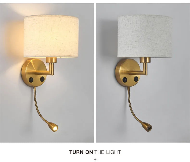 Two wall lamps with gold fixtures and white lampshades on a gray background.