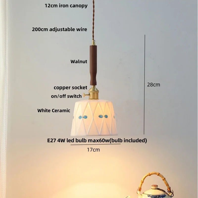 Pendant light with measurements and features labeled on a gray background