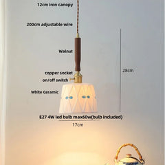 Pendant light with measurements and features labeled on a gray background